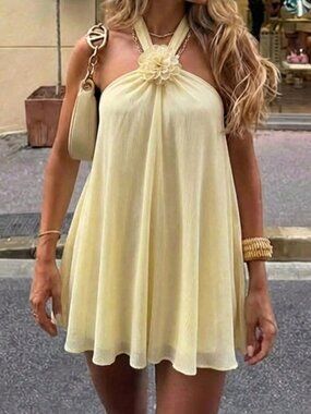 Light Yellow Elegant Women's Tie-Up Halter Mini Dress
